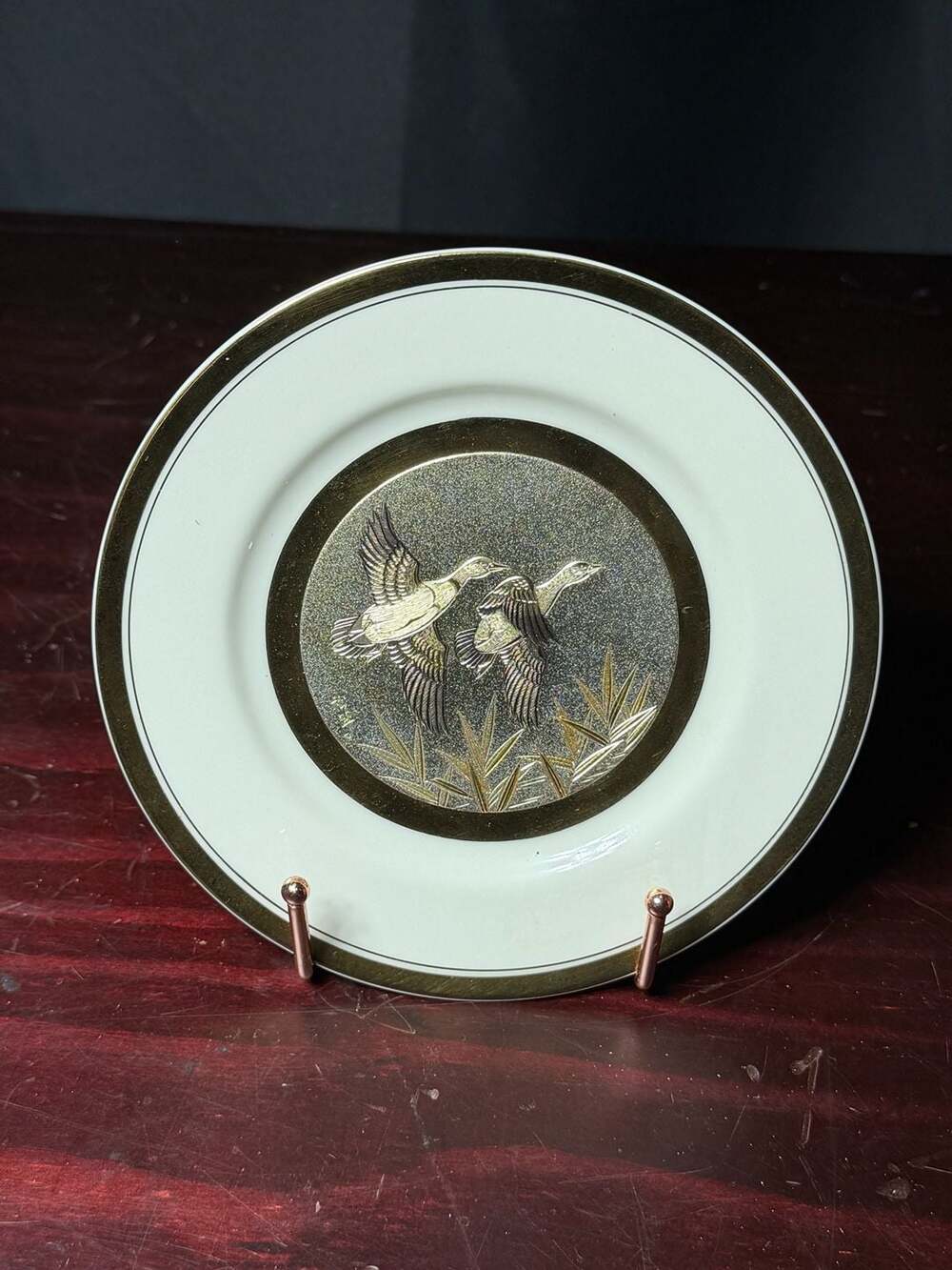 San Pacific Chokin Plate Flying Ducks Bird Design 24K Gold Edged